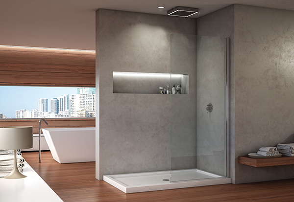 station Fleurco fixed walk-in shower panel in chrome finish glass shower enclosure
