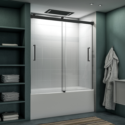 porte de baignoire mercury en noir mat avec des murs de salle de bain vert foncé et des carreaux blancs à l'intérieur de la douche