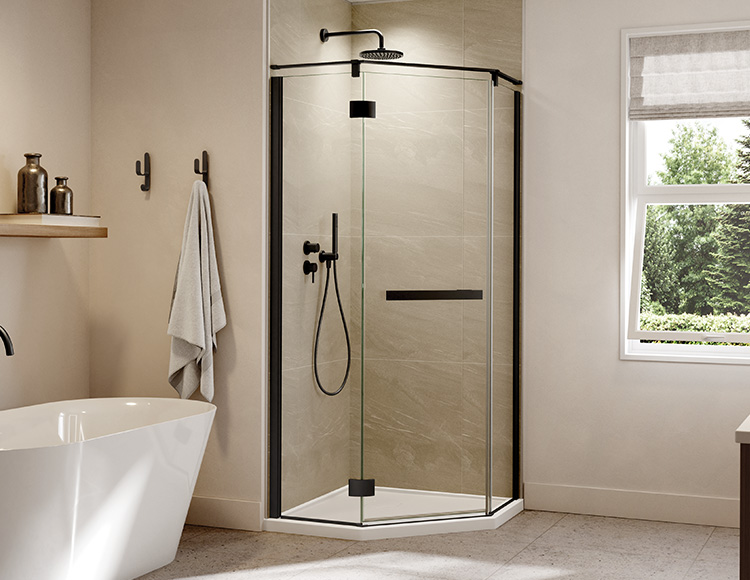 fibo flex series corner scene with grey sahara and M6040 grout pattern, pura cube door