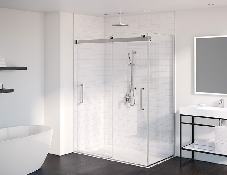 fibo flex series 2 sided scene with denver white and m74 grout pattern, mercury door
