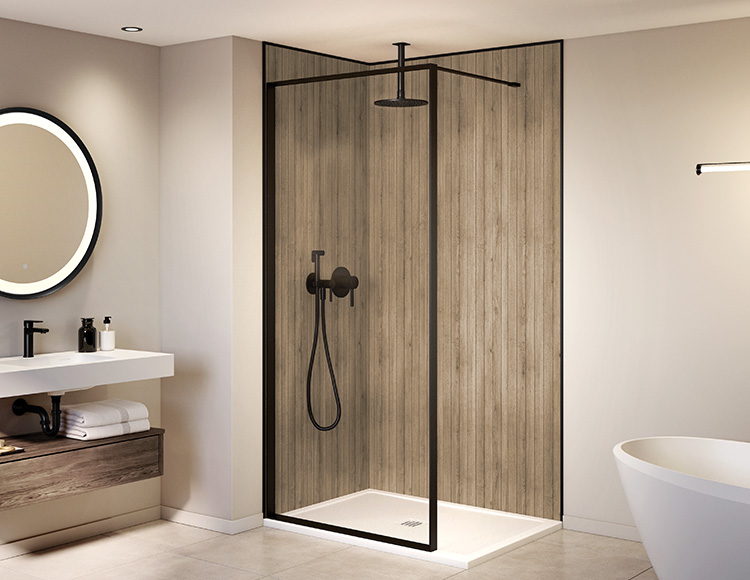 fibo flex series 2 sided scene with denver white and m74 grout pattern, mercury door