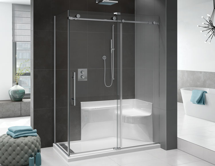Designing A Bathroom For All Of Life S Stages Fleurco K2 2 Sided Sliding Shower Door With Bella Seated Base