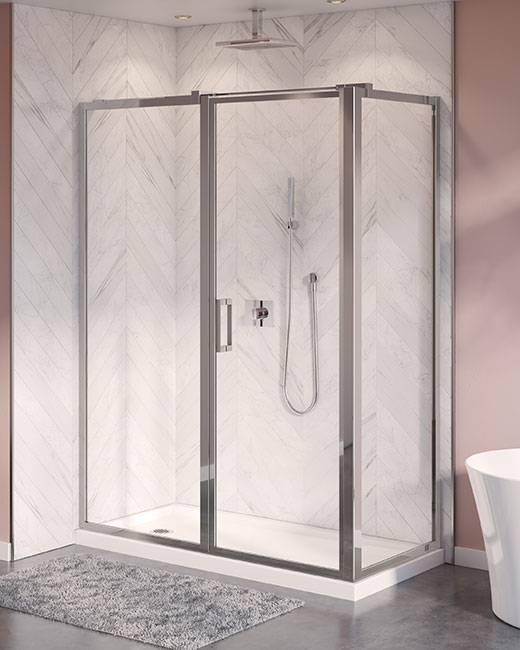 A pivot framed glass shower enclosure with brushed nickel finishes in a classic bathroom design