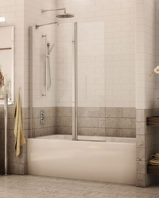A walk-in tub shield with fixed panel in a traditional bathroom setting