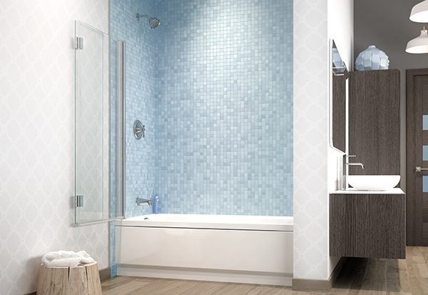 Siena Duo bif-fold pivoting tub panel, Fleurco walk-in glass showers high quality