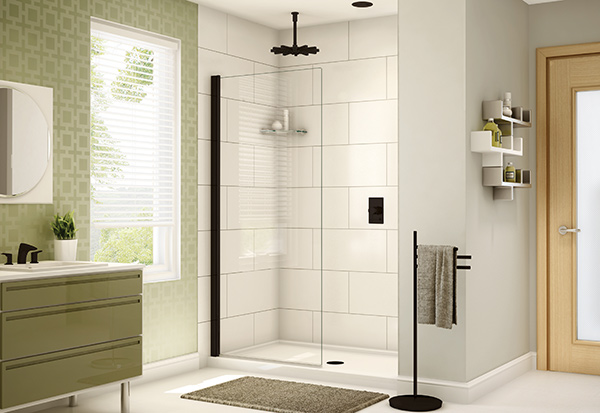 siena solo Fleurco pivot shower panel in matte black walk in glass shower