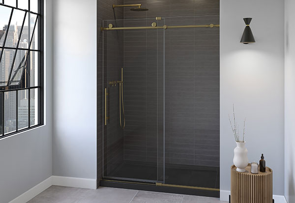 Black & white bathroom with brushed gold sliding shower door