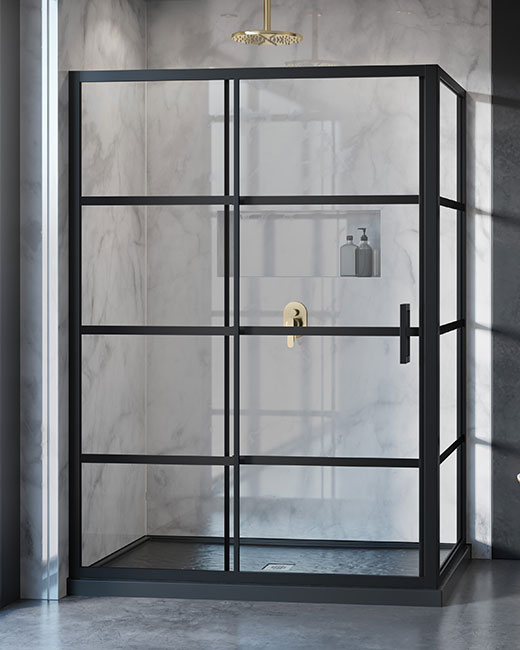 A contemporary design of a sliding glass shower enclosure in a matte black finish