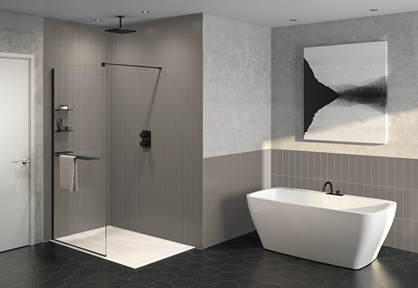 Modern elegant bathroom with a walk-in shower door, a solid surface shower base and a freestanding deck mounted bathtub