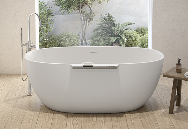 oval white solid surface bathtub in an organic modern bathroom