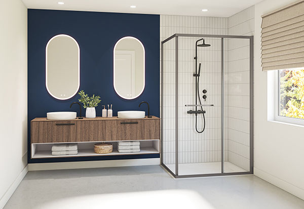 Closiq 2-sided shower door with clear glass and a Gun Metal frame