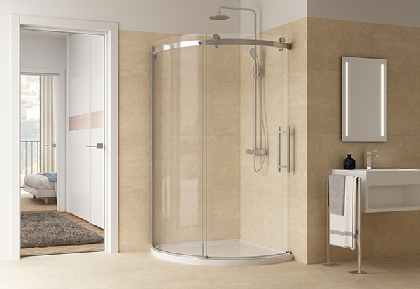 Frameless arc corner shower door in a modern bathroom setting