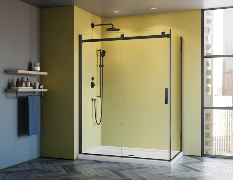 skyline 2 sided inline sliding door and fixed panel with return panel, in matte black