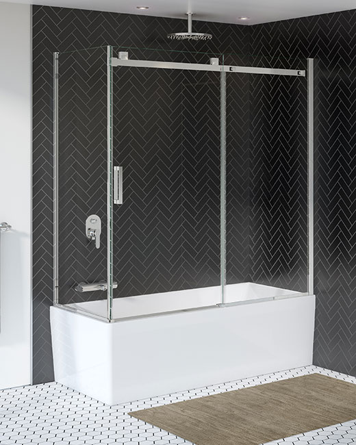 A sleek sliding tub door with chrome finishes in a modern bathroom design