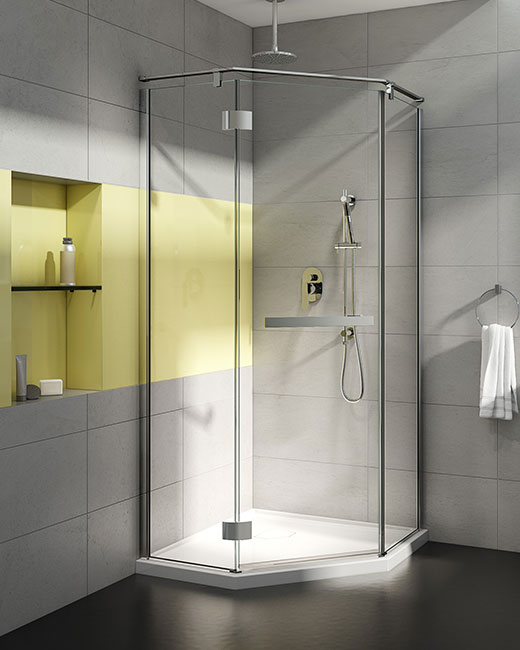 A neo-angle pivot frameless shower door in a sleek bathroom setting