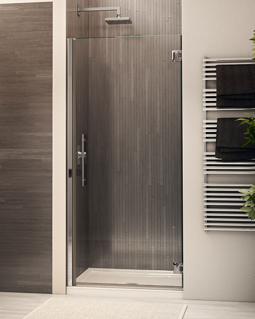 A single pivot glass shower door for a small shower enclosure