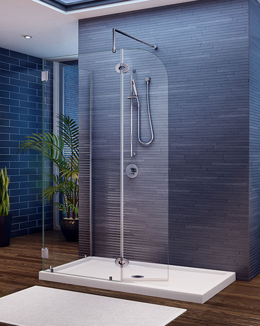 Walk-in shower shield with fixed panel & glass-to-glass hinges in the center of an elegant and cozy bathroom setting