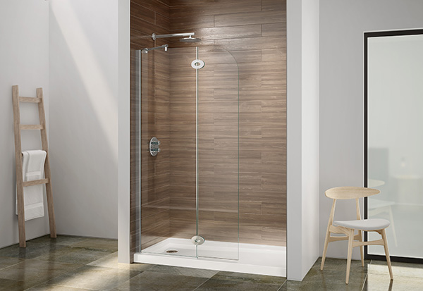Une cabine de douche dotée d'un écran de douche rond à pivot et de charnières ovales verre-verre, au milieu d'une salle de bains confortable.
