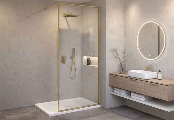 brushed gold walk-in shower fixed panel in a bathroom that reveals bohemian vibes
