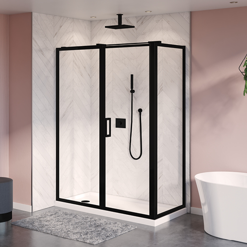 2 sided Elera pivot door in matte black, with pink bathroom walls and marble chevron tile in the shower