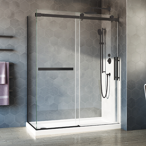2 sided Novara Plus shower door in matte black, with hexagon pattern grey tiles in the shower and bathroom
