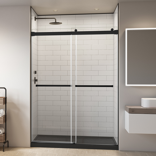 gemini plus shower door in matte black, with fibo by fleurco flex walls in the shower, white gloss tiles