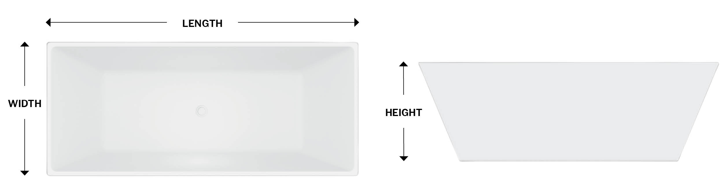 Measurements of a bathtub to show how to measure its height, width and length