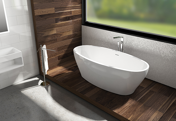 Fleurco's acrylic Octave Grande bathtub sits on a dark wood paneled podium.