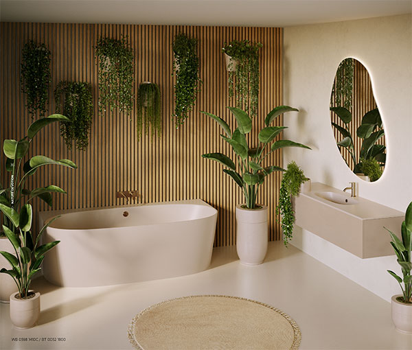 Une baignoire et une vanité flottante entourées de plantes dans une salle de bain confortable inspirée par la nature