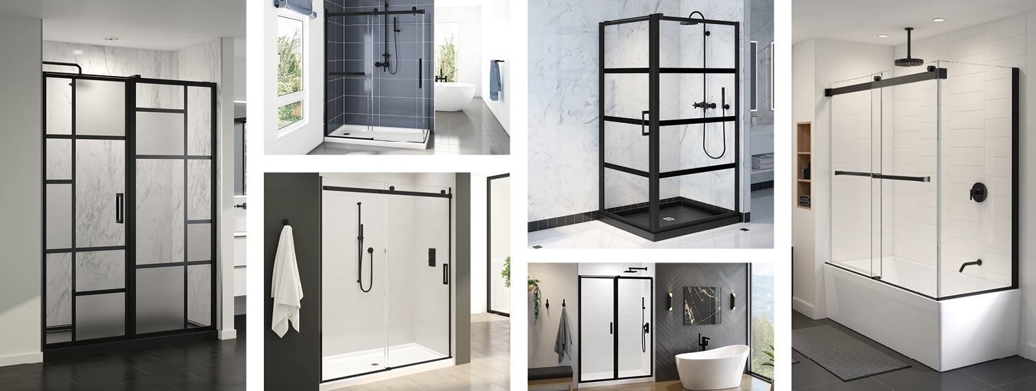 collage of fleurco shower doors all in matte black finish