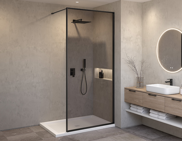 Vespero fixed walk-in shower panel, matte black fframe & smoked grey glass